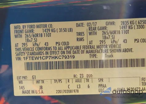 2017 Ford F-150 Xlt z USA, uszkodzony, nr VIN 1FTEW1CP7HKC79319